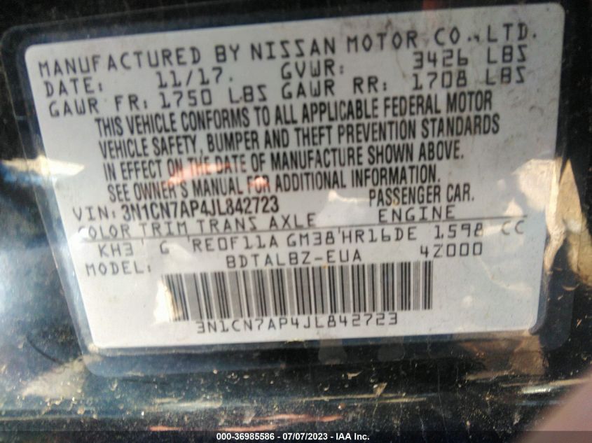 2018 NISSAN VERSA SEDAN SV - 3N1CN7AP4JL842723
