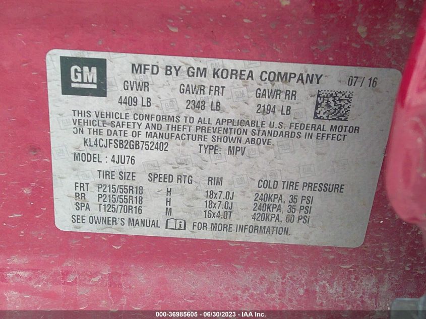 2016 BUICK ENCORE CONVENIENCE - KL4CJFSB2GB752402