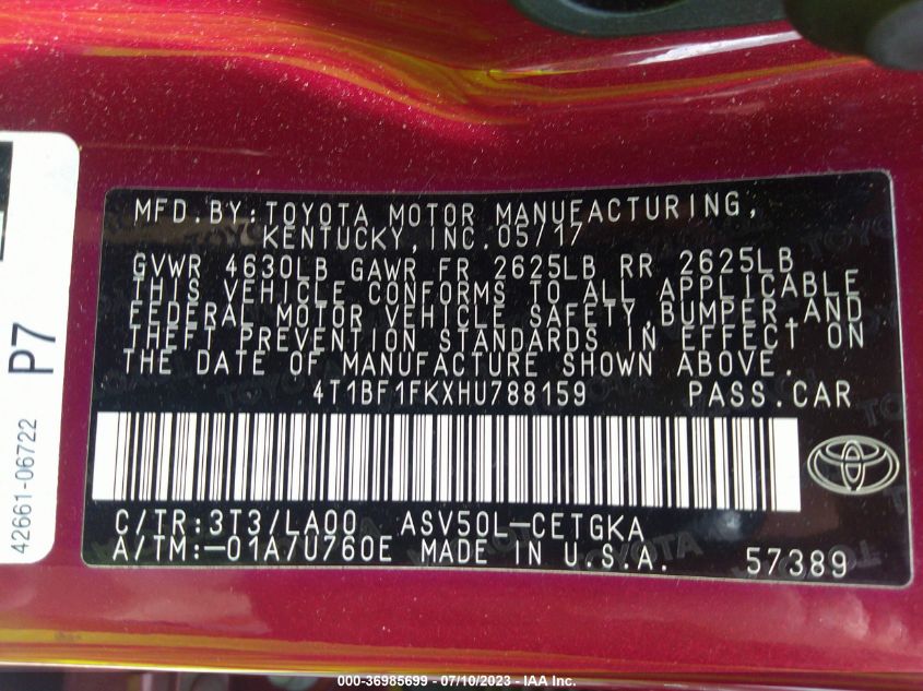 2017 TOYOTA CAMRY XLE/SE/LE/XSE - 4T1BF1FKXHU788159