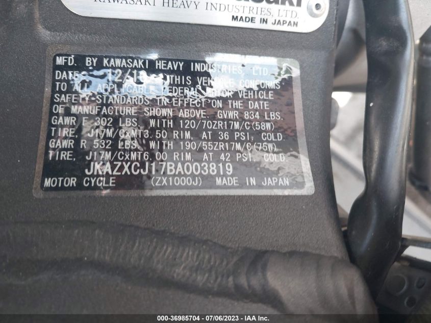 2011 KAWASAKI ZX1000 J JKAZXCJ17BA003819
