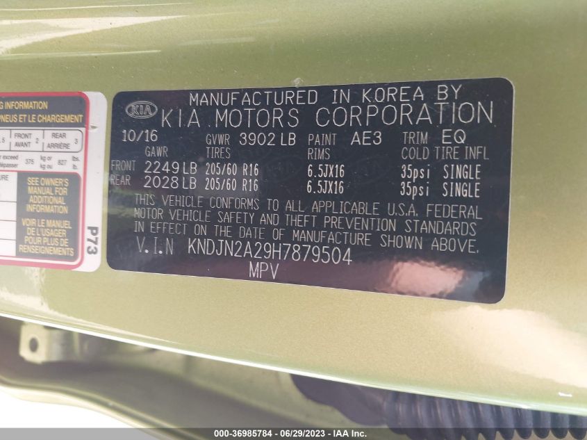 2017 KIA SOUL BASE - KNDJN2A29H7879504