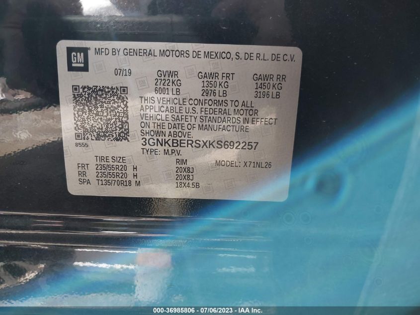 2019 CHEVROLET BLAZER RS - 3GNKBERSXKS692257