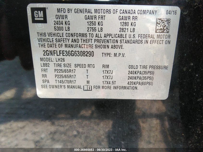 2016 CHEVROLET EQUINOX LT - 2GNFLFE36G6308290
