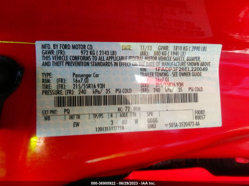 2014 FORD FOCUS SE 1FADP3F26EL220049