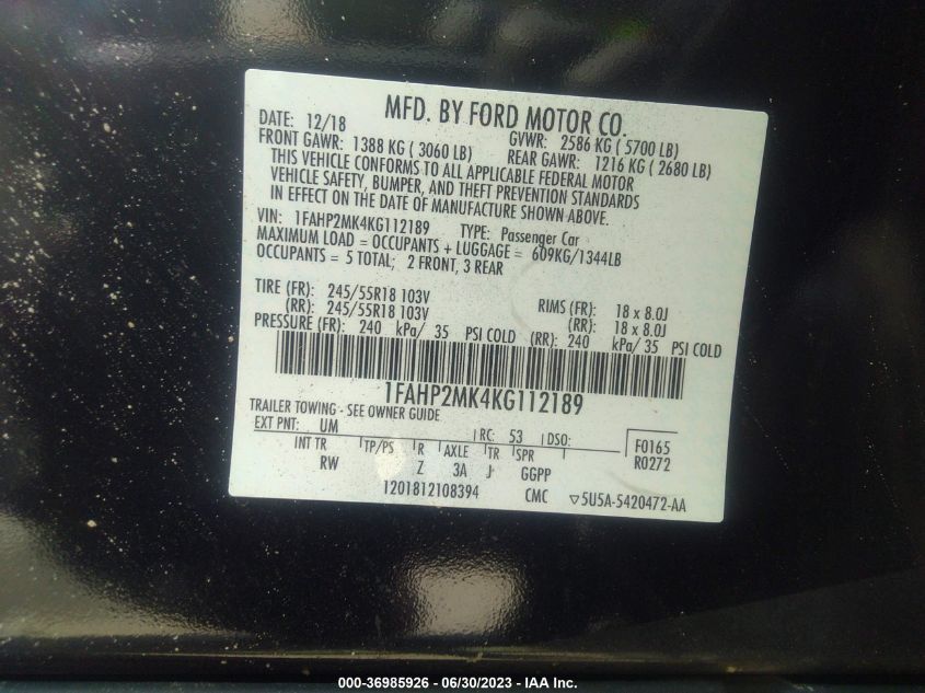 2019 FORD POLICE INTERCEPTOR SEDAN 1FAHP2MK4KG112189