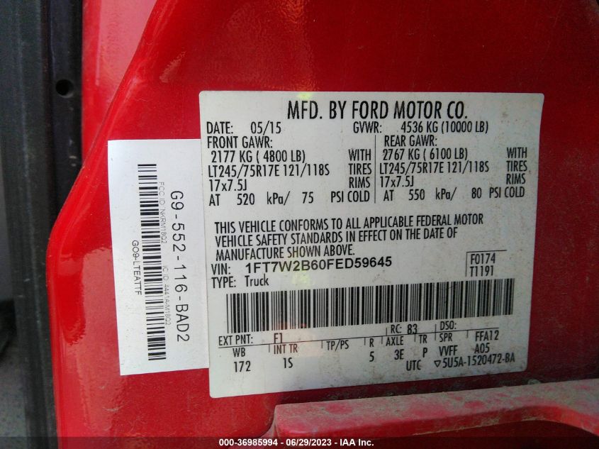 2015 FORD SUPER DUTY F-250 SRW LARIAT/PLATINUM - 1FT7W2B60FED59645