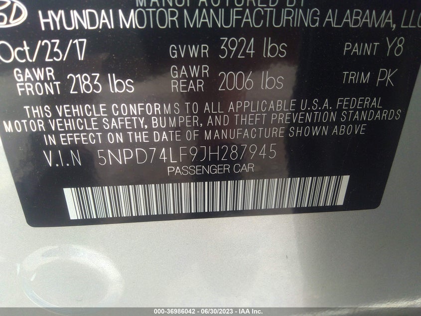 VIN 5NPD74LF9JH287945 2018 HYUNDAI ELANTRA SE