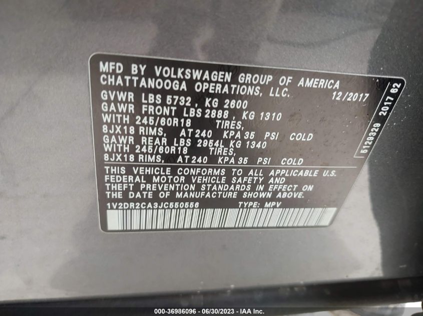 2018 VOLKSWAGEN ATLAS 3.6L V6 SE - 1V2DR2CA3JC550556
