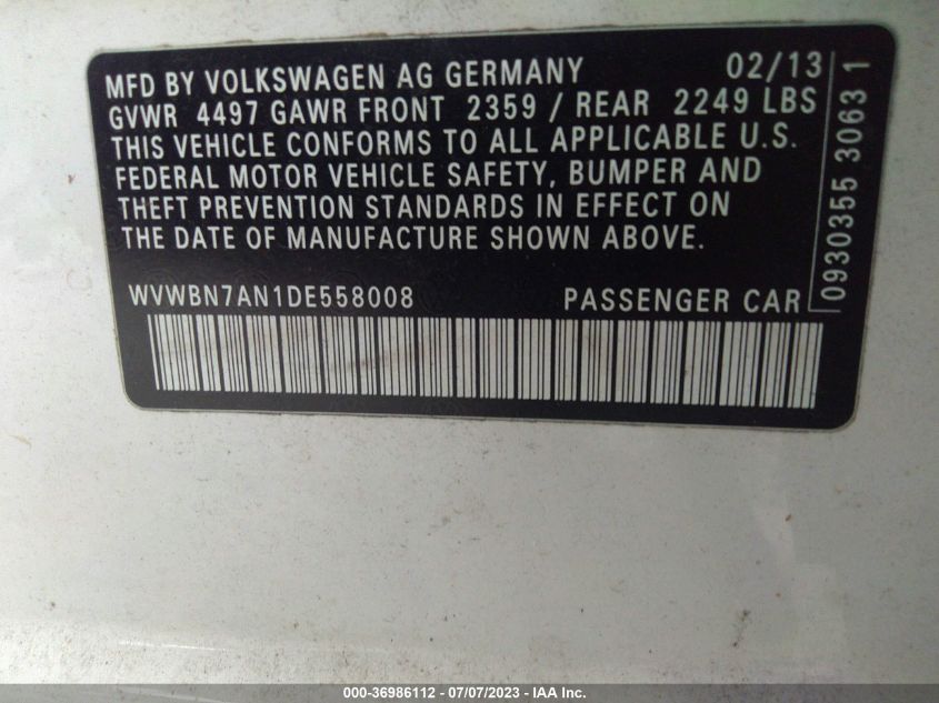2013 VOLKSWAGEN CC SPORT - WVWBN7AN1DE558008