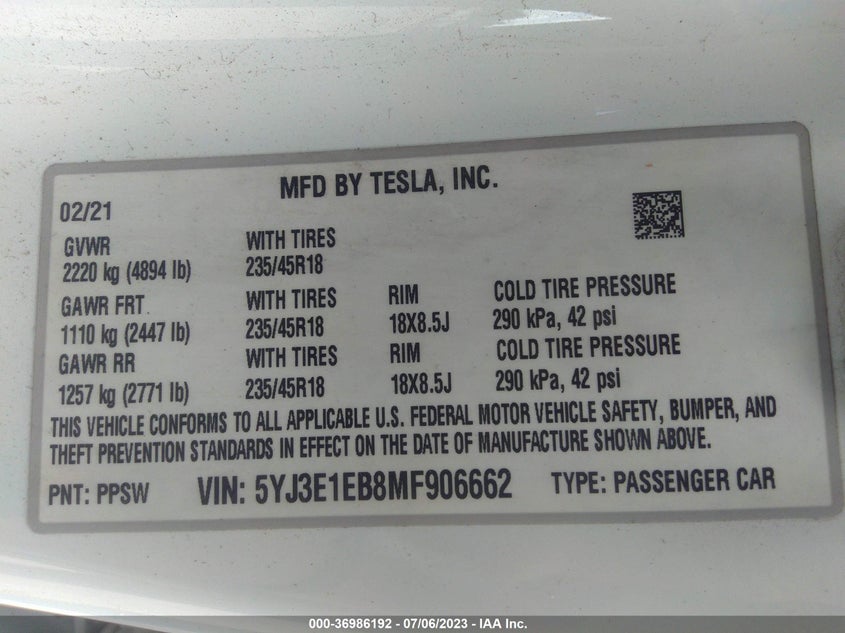 VIN 5YJ3E1EB8MF906662 2021 TESLA MODEL 3 LONG RANGE