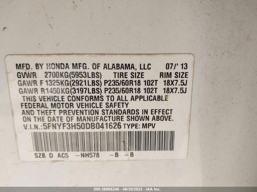 2013 HONDA PILOT EX-L - 5FNYF3H50DB041626