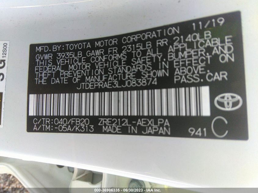 2020 TOYOTA COROLLA LE - JTDEPRAE3LJ083874