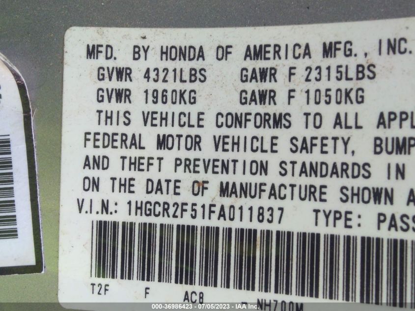 2015 HONDA ACCORD SEDAN SPORT - 1HGCR2F51FA011837