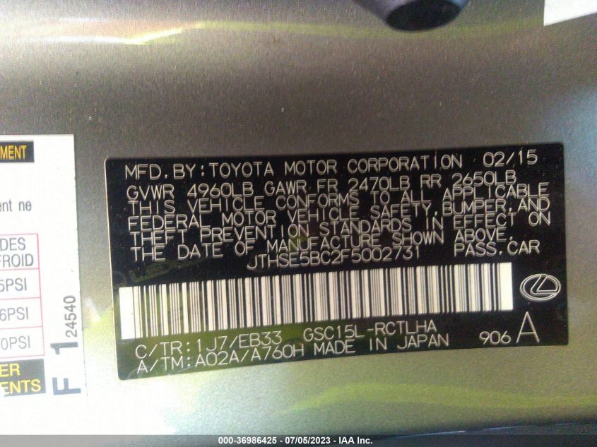 2015 LEXUS RC 350 - JTHSE5BC2F5002731