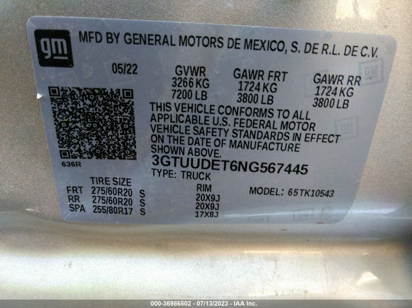 2022 GMC SIERRA 1500 SLT - 3GTUUDET6NG567445