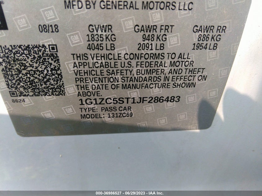 VIN 1G1ZC5ST1JF286483 2018 CHEVROLET MALIBU LS