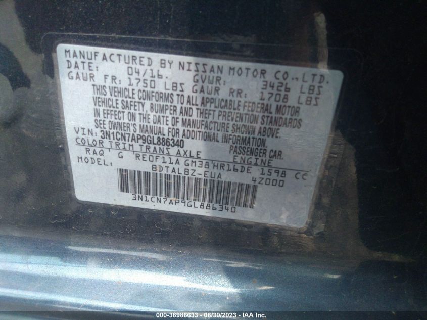 2016 NISSAN VERSA S/S PLUS/SL/SV - 3N1CN7AP9GL886340