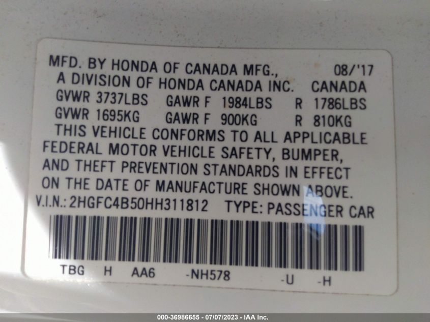 2017 HONDA CIVIC COUPE LX - 2HGFC4B50HH311812