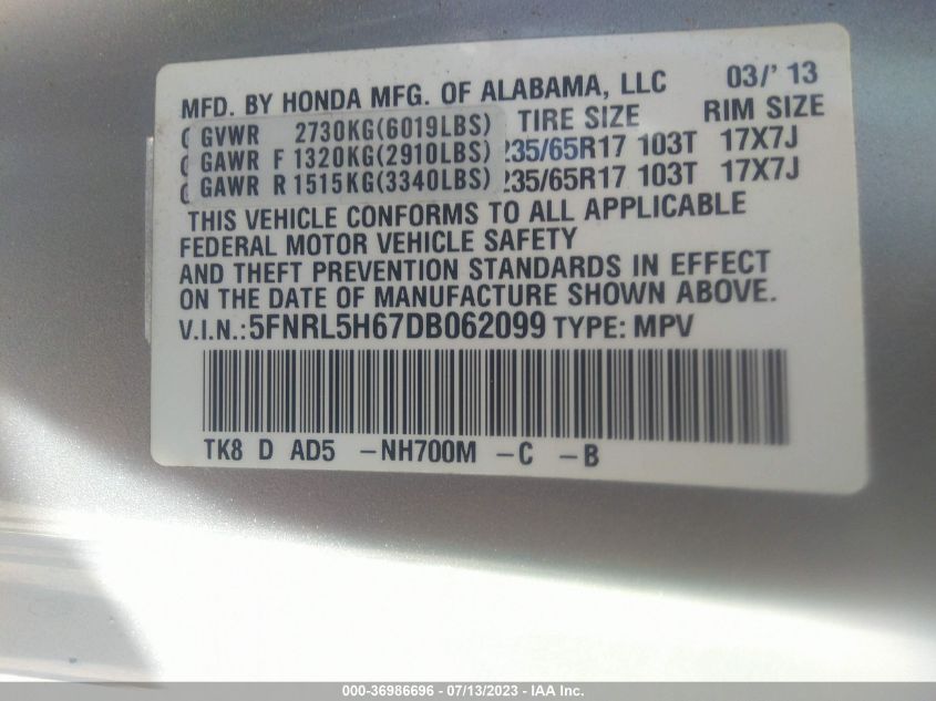 2013 HONDA ODYSSEY EX-L - 5FNRL5H67DB062099