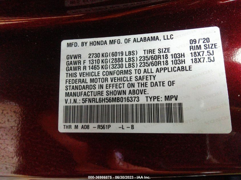 2021 HONDA ODYSSEY EX - 5FNRL6H56MB016373