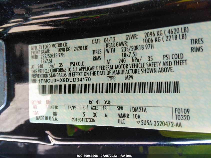 2013 FORD ESCAPE SEL - 1FMCU0HX9DUD34170