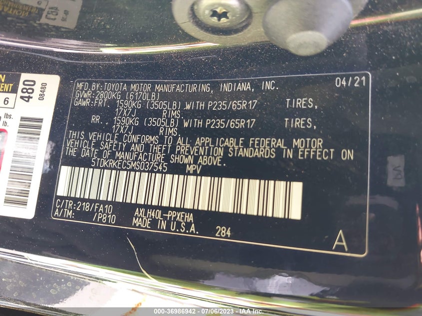 VIN 5TDKRKEC5MS037545 2021 TOYOTA SIENNA LE