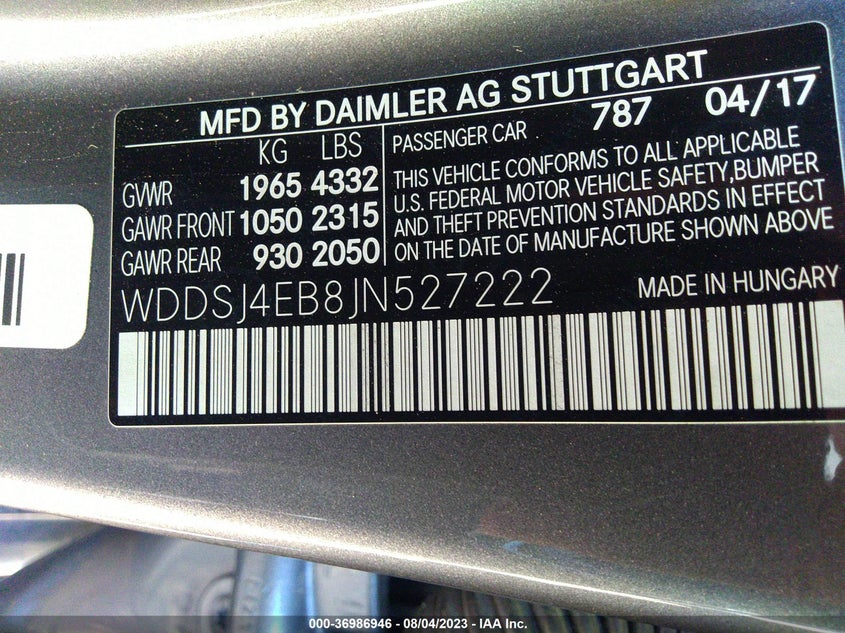 VIN WDDSJ4EB8JN527222 2018 MERCEDES-BENZ CLA CLA 250