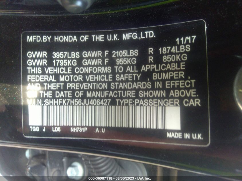 2018 HONDA CIVIC HATCHBACK EX - SHHFK7H56JU406427