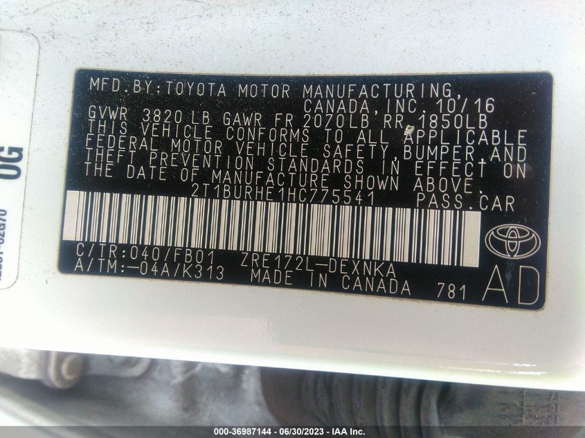 2017 TOYOTA COROLLA L/LE/XLE/SE - 2T1BURHE1HC775541