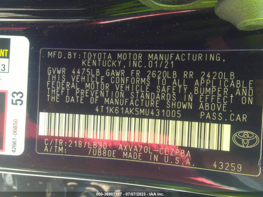 2021 TOYOTA CAMRY XSE - 4T1K61AK5MU431005