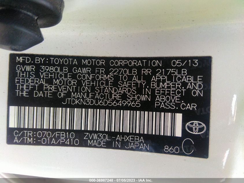 2013 TOYOTA PRIUS ONE/TWO/THREE/FOUR/FIVE - JTDKN3DU6D5649965