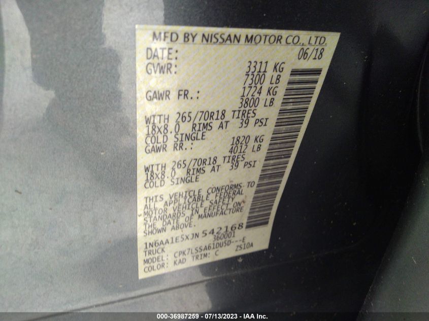 2018 NISSAN TITAN SV - 1N6AA1E5XJN542168