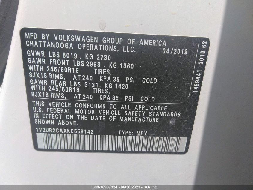 2019 VOLKSWAGEN ATLAS 3.6L V6 SE W/TECHNOLOGY - 1V2UR2CAXKC559143