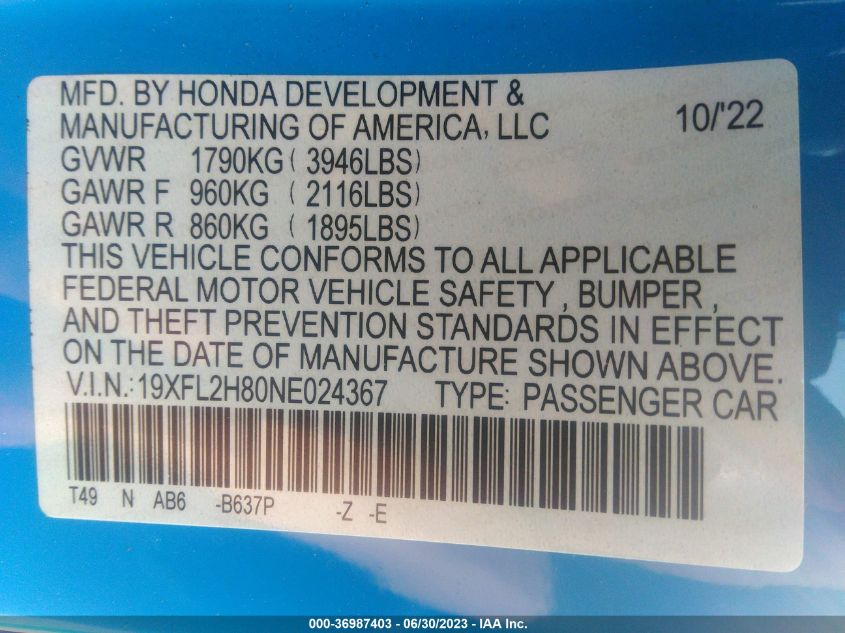 2022 HONDA CIVIC HATCHBACK SPORT - 19XFL2H80NE024367