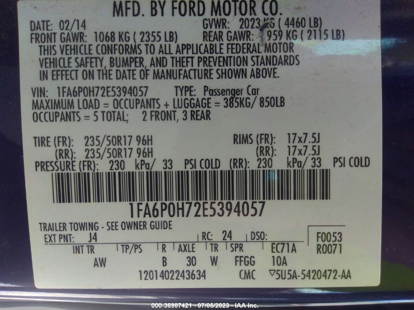 2014 FORD FUSION SE - 1FA6P0H72E5394057