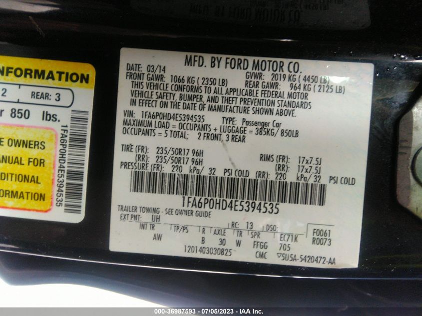 2014 FORD FUSION SE - 1FA6P0HD4E5394535