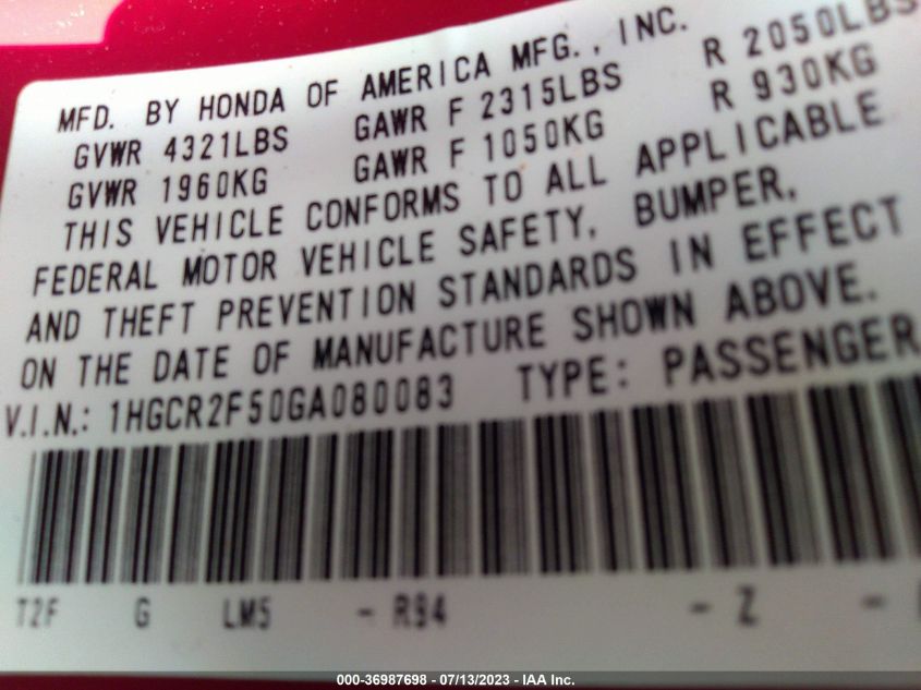 2016 HONDA ACCORD SEDAN SPORT - 1HGCR2F50GA080083