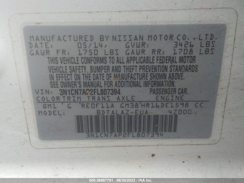 2015 NISSAN VERSA S PLUS - 3N1CN7AP2FL807394