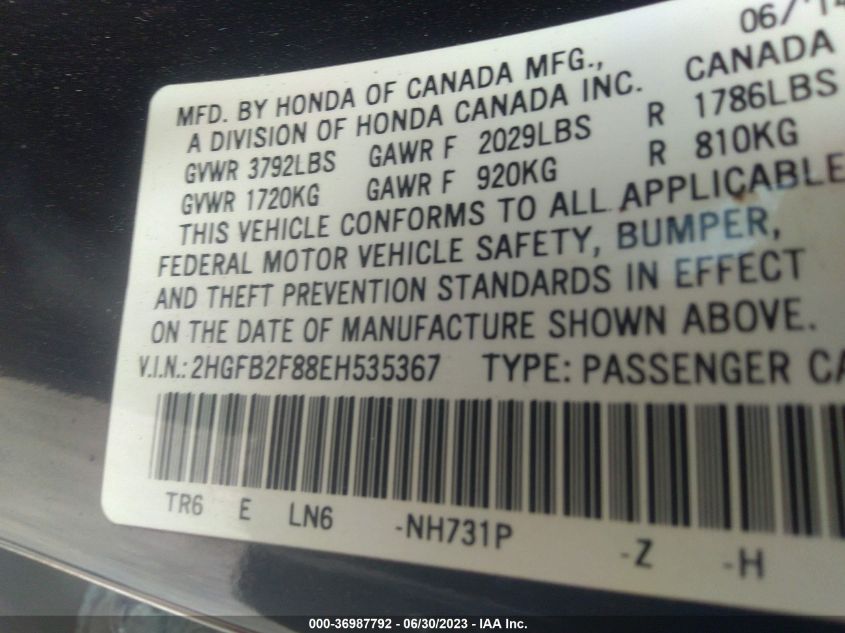 2014 HONDA CIVIC SEDAN EX - 2HGFB2F88EH535367