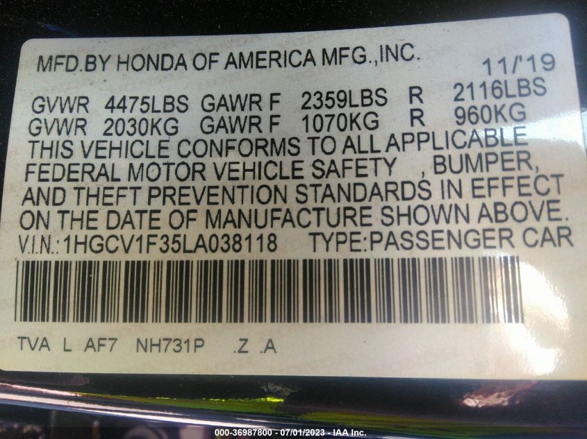 2020 HONDA ACCORD SEDAN SPORT - 1HGCV1F35LA038118