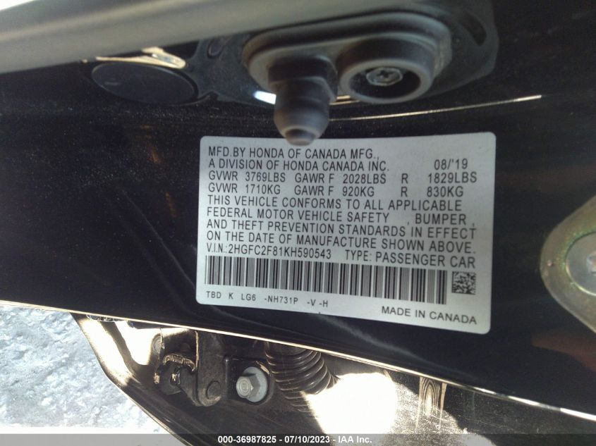2019 HONDA CIVIC SEDAN SPORT - 2HGFC2F81KH590543
