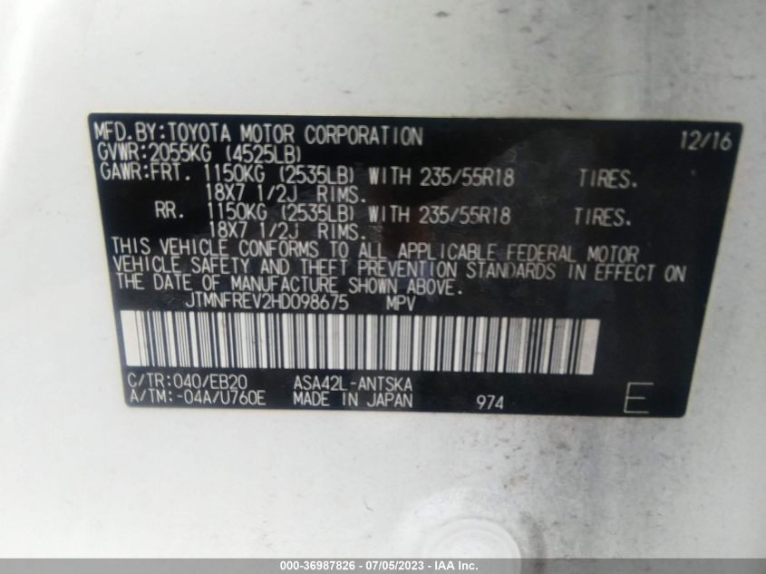 2017 TOYOTA RAV4 SE - JTMNFREV2HD098675