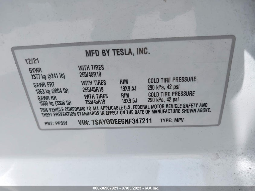VIN 7SAYGDEE6NF347211 2022 TESLA MODEL Y LONG RANGE
