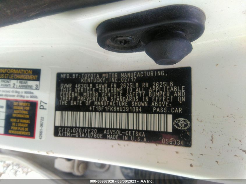 2017 TOYOTA CAMRY XLE/SE/LE/XSE - 4T1BF1FK6HU391094