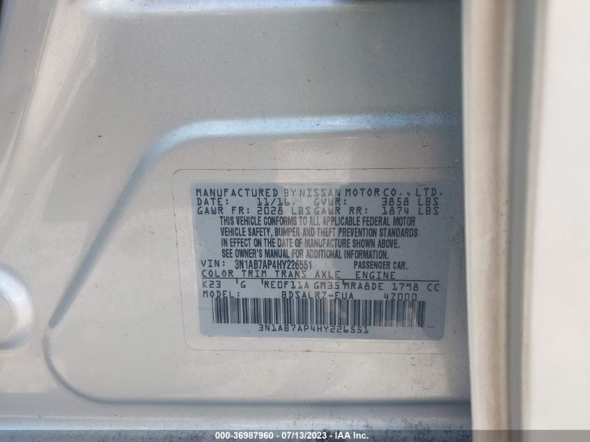 2017 NISSAN SENTRA SR - 3N1AB7AP4HY226551