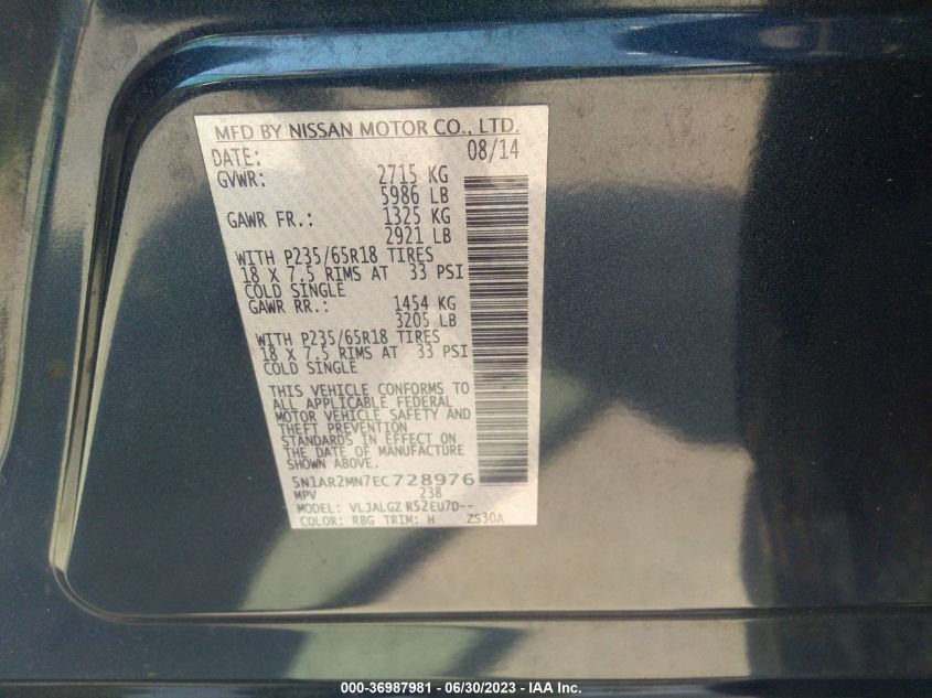 2014 NISSAN PATHFINDER SL - 5N1AR2MN7EC728976