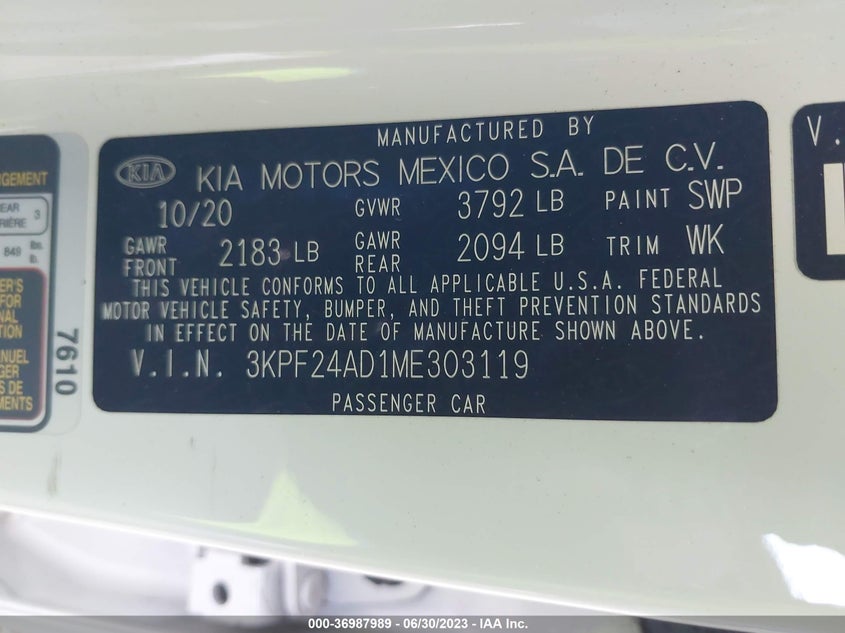 VIN 3KPF24AD1ME303119 2021 KIA FORTE LXS