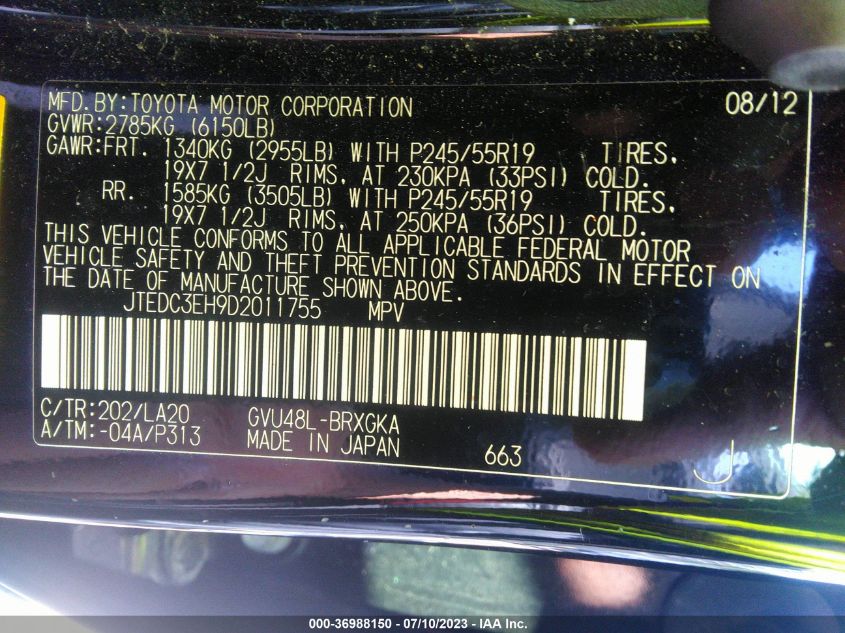 2013 TOYOTA HIGHLANDER HYBRID LIMITED JTEDC3EH9D2011755