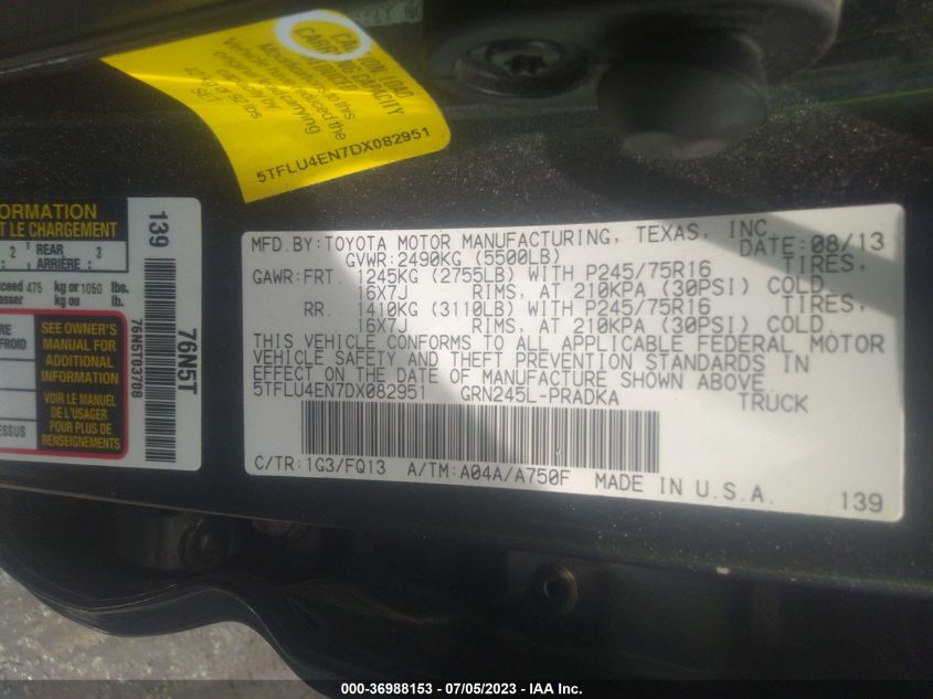 2013 TOYOTA TACOMA - 5TFLU4EN7DX082951
