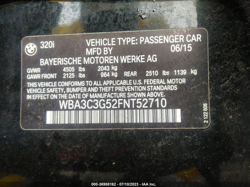 2015 BMW 3 SERIES 320I XDRIVE - WBA3C3G52FNT52710